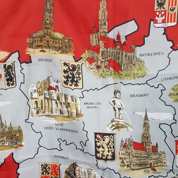 Vintage Van Deun Souvenir Square Scarf Map Of Belgium Castles Monuments Red Made - Picture 7 of 10